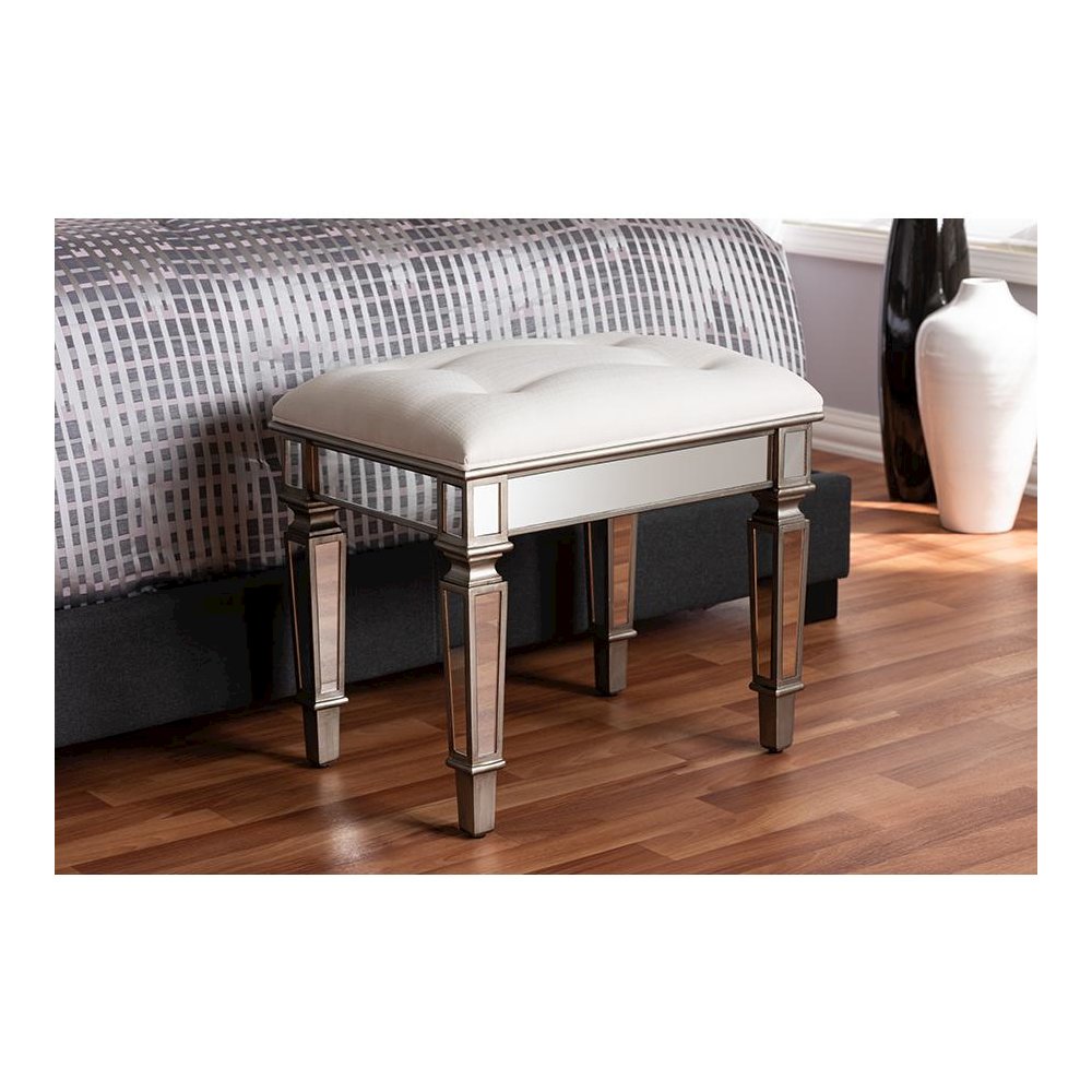 Off White Fabric Upholstered Mirrored Ottoman Vanity Bench