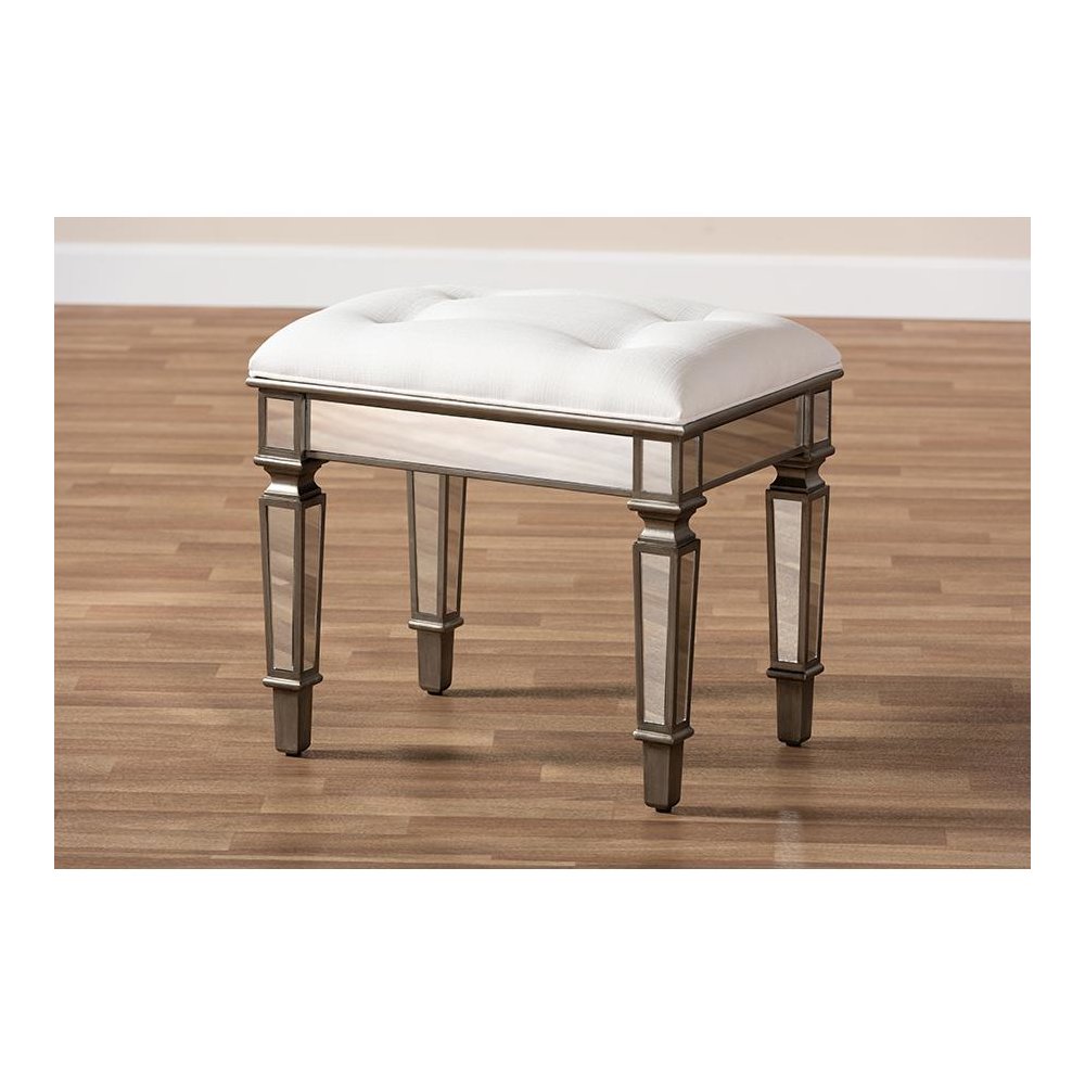 Off White Fabric Upholstered Mirrored Ottoman Vanity Bench