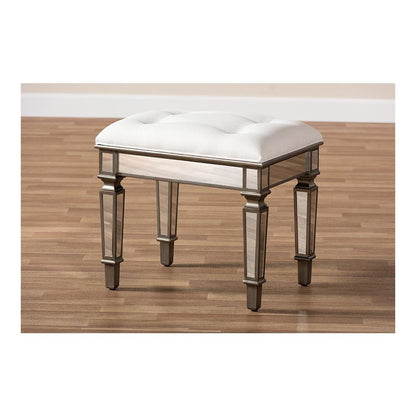 Off White Fabric Upholstered Mirrored Ottoman Vanity Bench