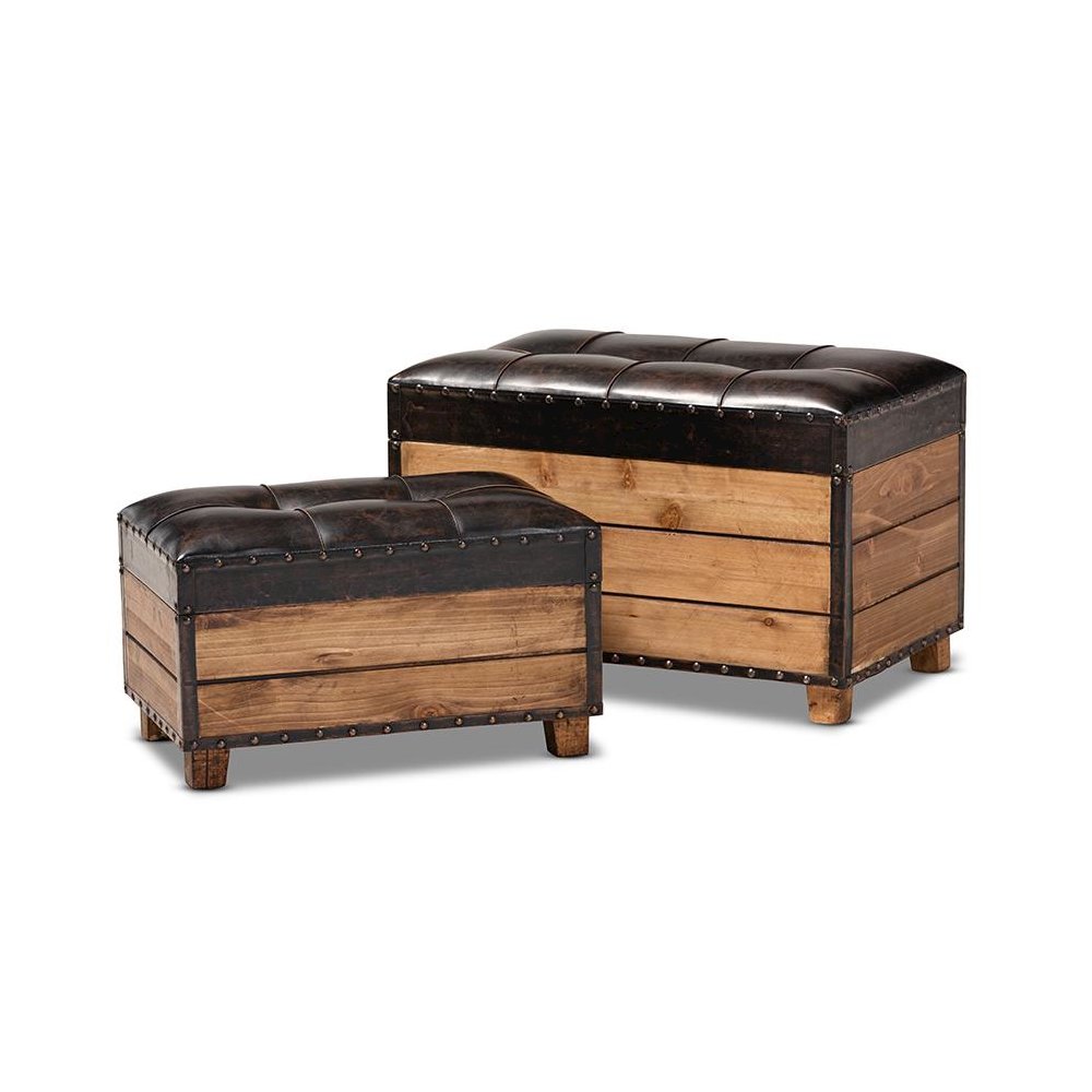 Leather Upholstered 2-Piece Wood Storage Trunk Ottoman Set