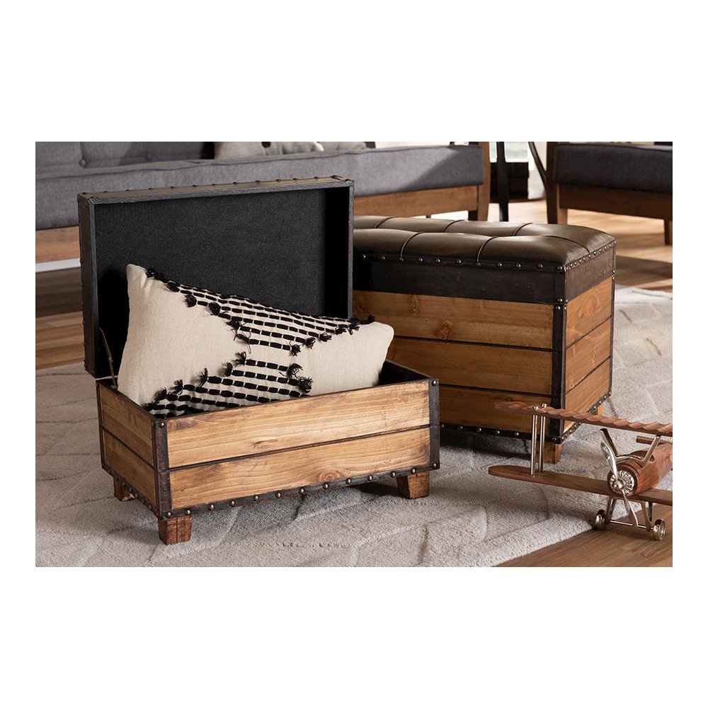 Leather Upholstered 2-Piece Wood Storage Trunk Ottoman Set