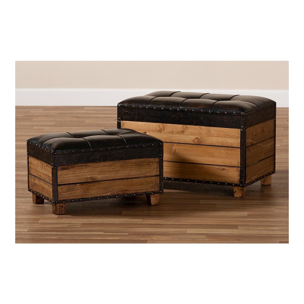 Leather Upholstered 2-Piece Wood Storage Trunk Ottoman Set
