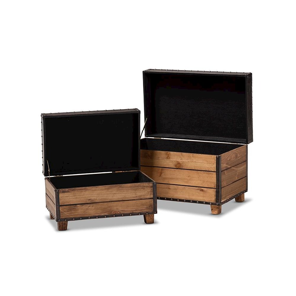 Leather Upholstered 2-Piece Wood Storage Trunk Ottoman Set