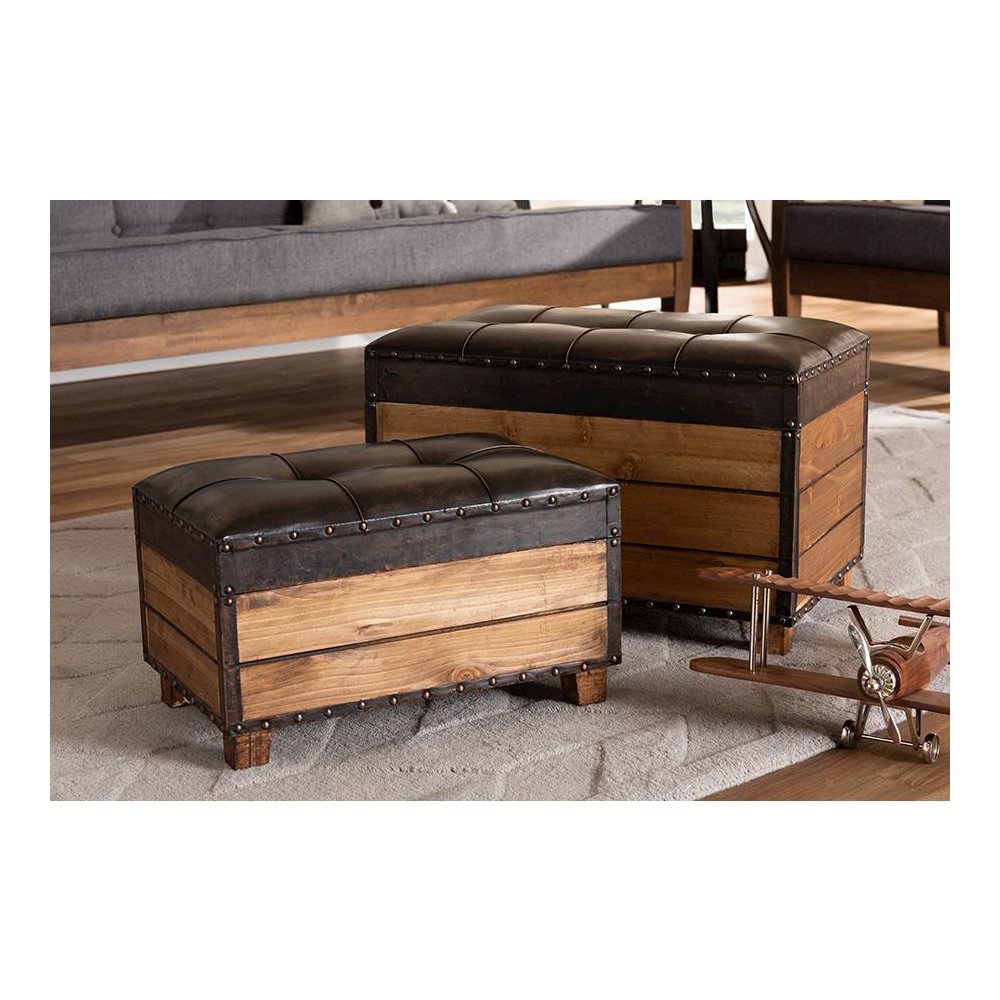 Leather Upholstered 2-Piece Wood Storage Trunk Ottoman Set