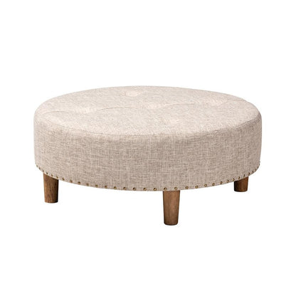 Beige Fabric Upholstered Natural Wood Cocktail Ottoman