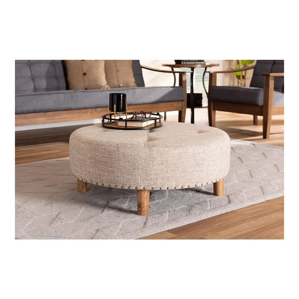 Beige Fabric Upholstered Natural Wood Cocktail Ottoman