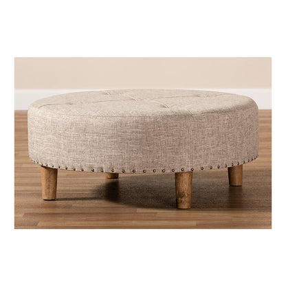 Beige Fabric Upholstered Natural Wood Cocktail Ottoman