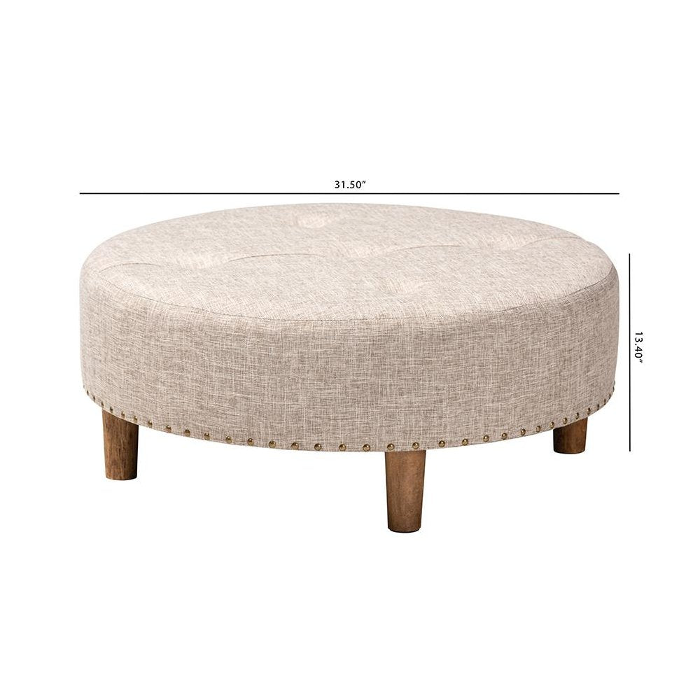 Beige Fabric Upholstered Natural Wood Cocktail Ottoman