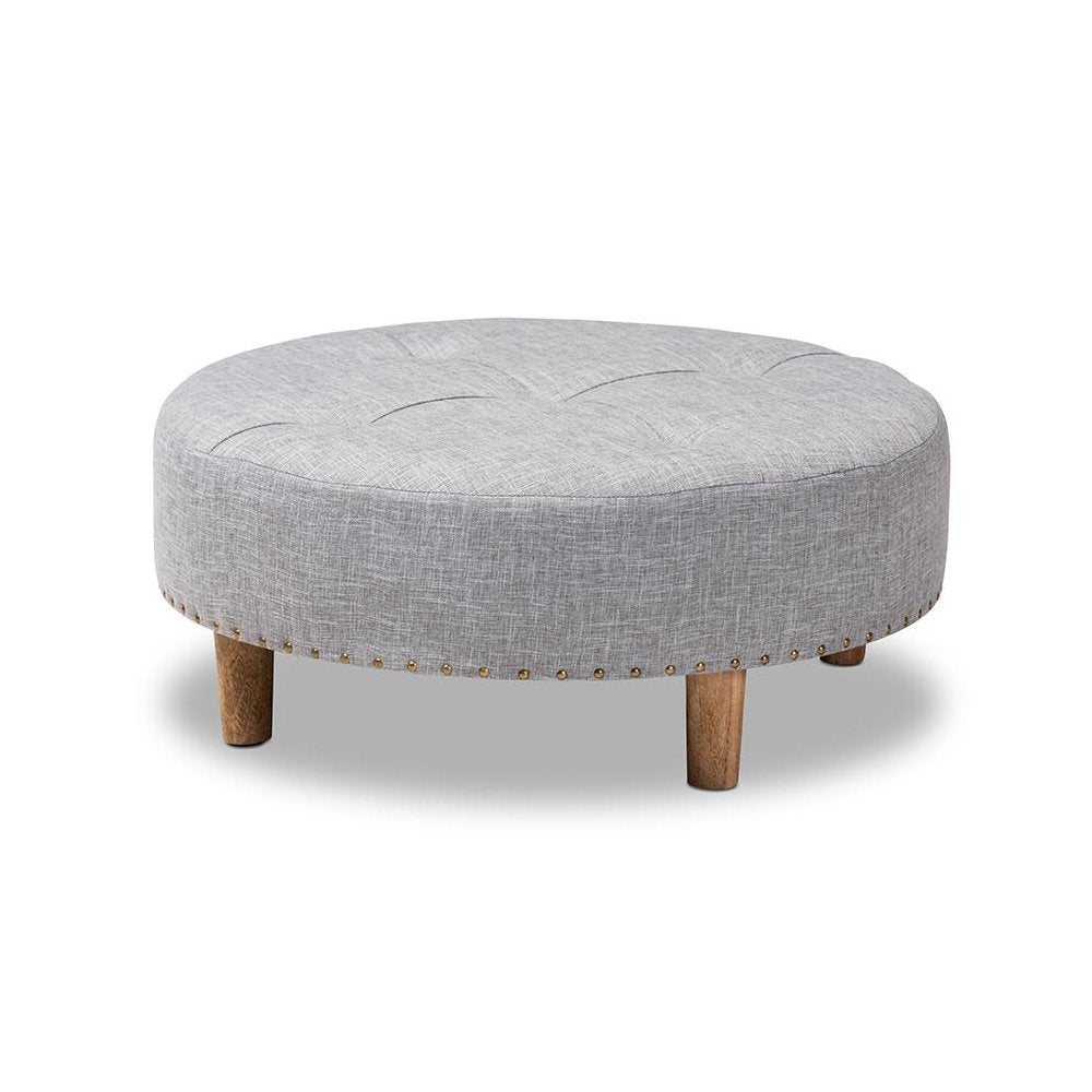 Light Gray Fabric Upholstered Natural Wood Cocktail Ottoman