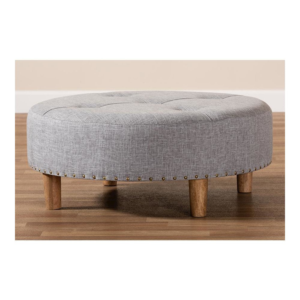 Light Gray Fabric Upholstered Natural Wood Cocktail Ottoman