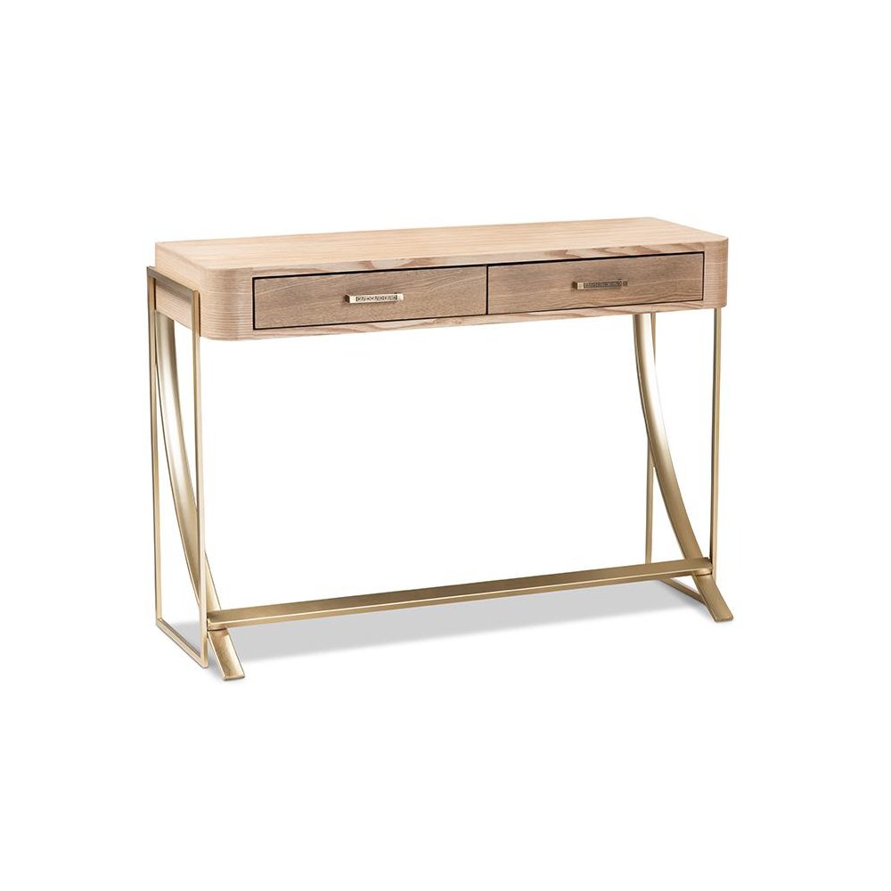 Natural Brown Finished Wood and Gold Finished 2-Drawer Console Table