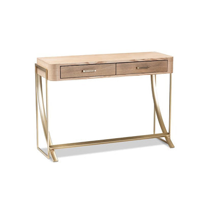 Natural Brown Finished Wood and Gold Finished 2-Drawer Console Table