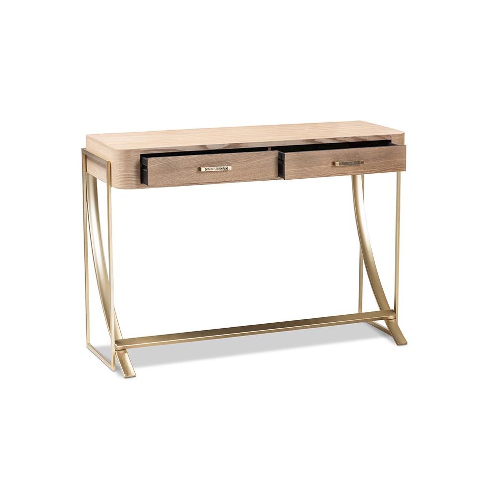 Natural Brown Finished Wood and Gold Finished 2-Drawer Console Table
