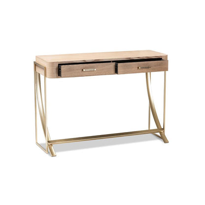Natural Brown Finished Wood and Gold Finished 2-Drawer Console Table