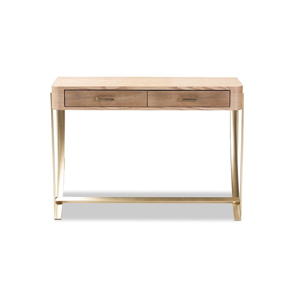 Natural Brown Finished Wood and Gold Finished 2-Drawer Console Table