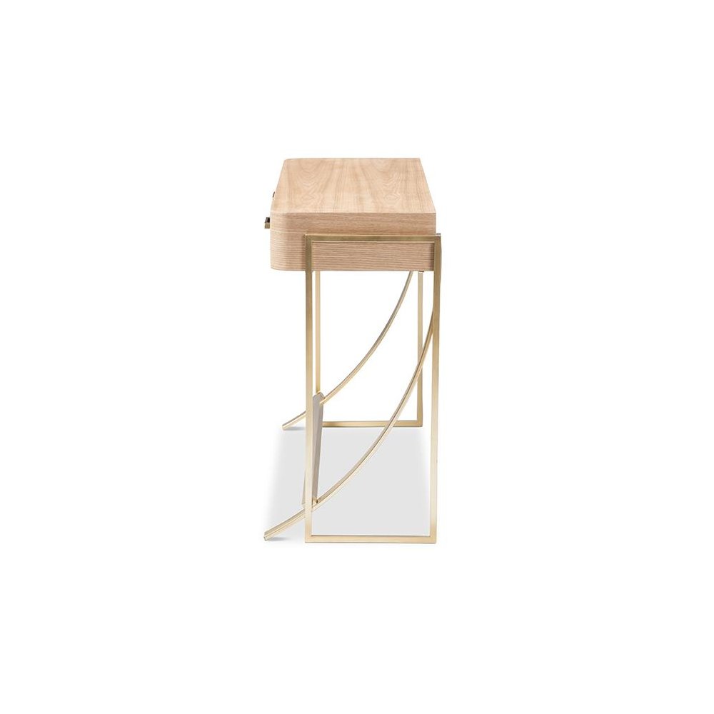 Natural Brown Finished Wood and Gold Finished 2-Drawer Console Table