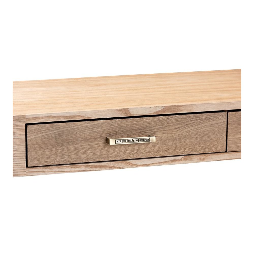 Natural Brown Finished Wood and Gold Finished 2-Drawer Console Table