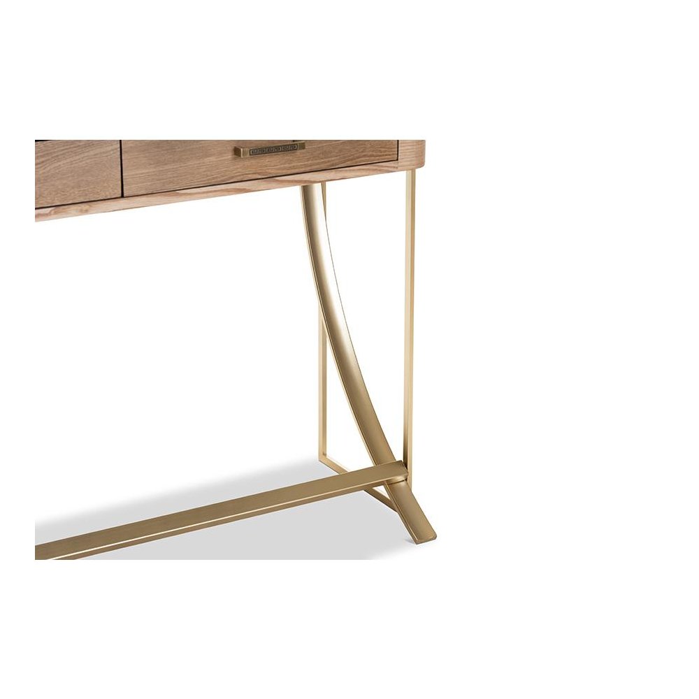 Natural Brown Finished Wood and Gold Finished 2-Drawer Console Table