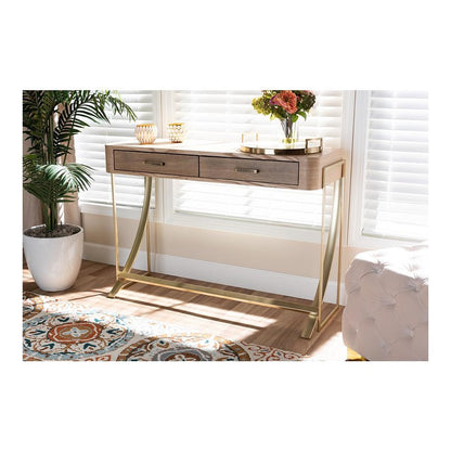Natural Brown Finished Wood and Gold Finished 2-Drawer Console Table