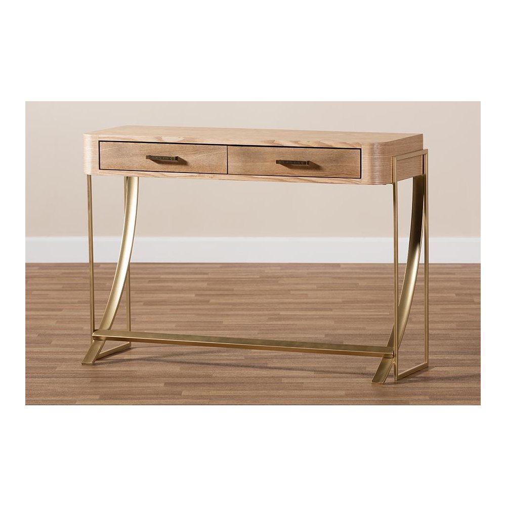 Natural Brown Finished Wood and Gold Finished 2-Drawer Console Table