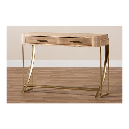 Natural Brown Finished Wood and Gold Finished 2-Drawer Console Table