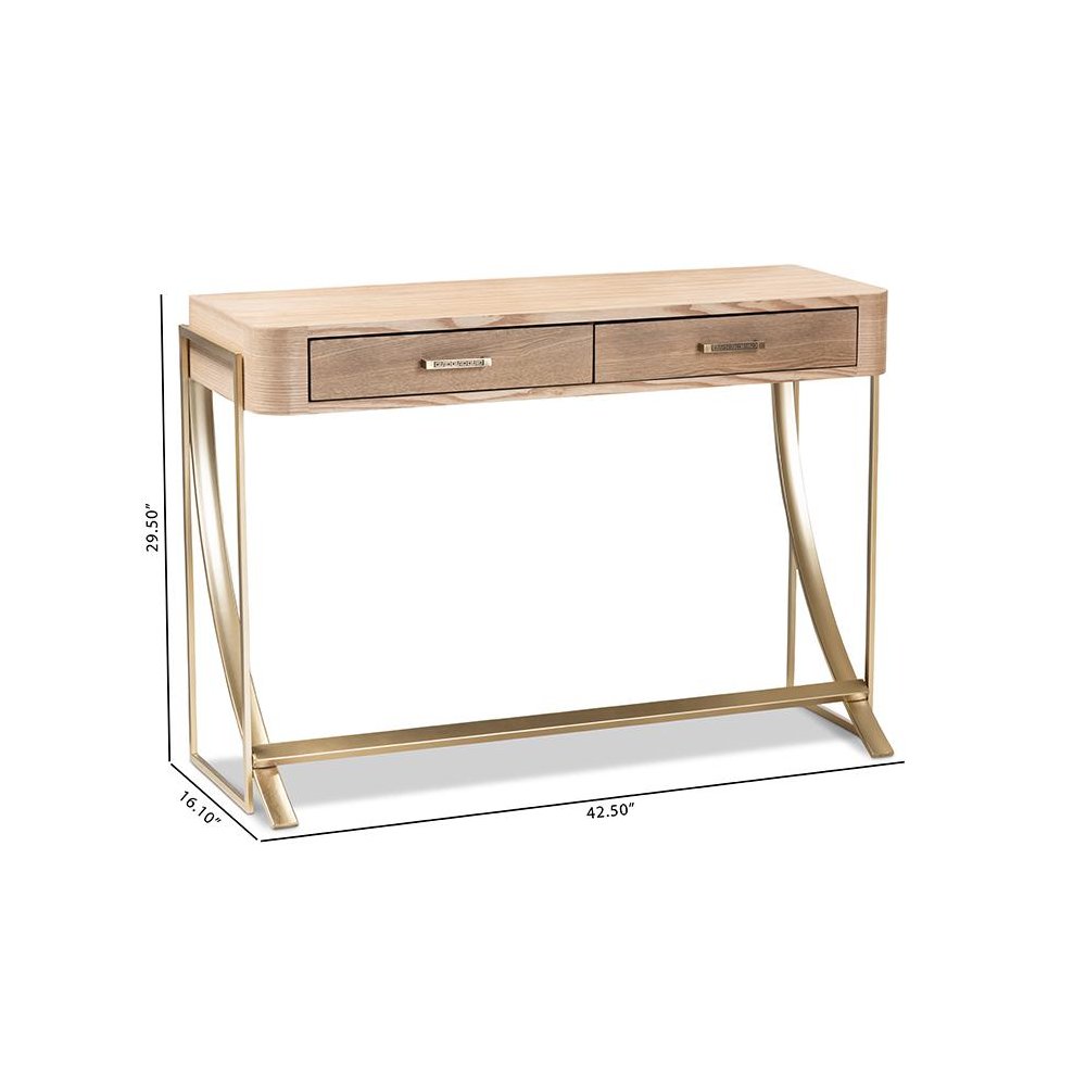 Natural Brown Finished Wood and Gold Finished 2-Drawer Console Table