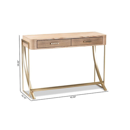 Natural Brown Finished Wood and Gold Finished 2-Drawer Console Table