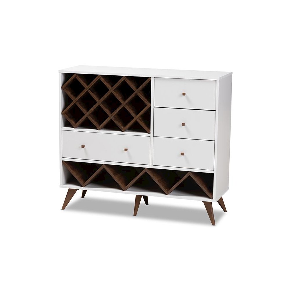 Savino Mid-Century Modern White and Walnut Finished Wood Wine Cabinet