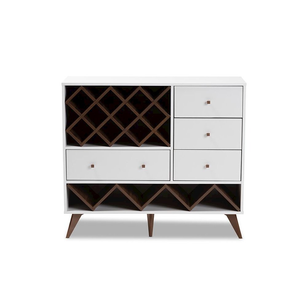 Savino Mid-Century Modern White and Walnut Finished Wood Wine Cabinet