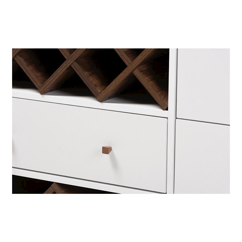 Savino Mid-Century Modern White and Walnut Finished Wood Wine Cabinet
