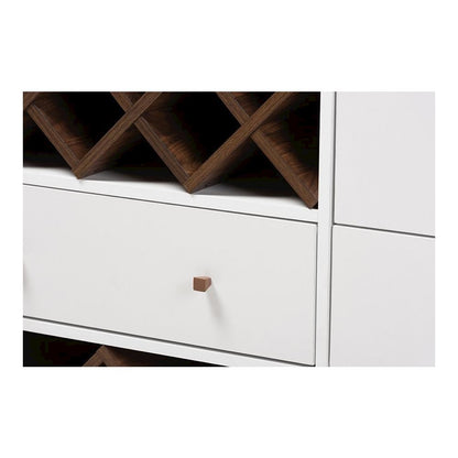 Savino Mid-Century Modern White and Walnut Finished Wood Wine Cabinet