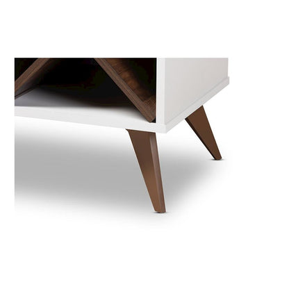 Savino Mid-Century Modern White and Walnut Finished Wood Wine Cabinet
