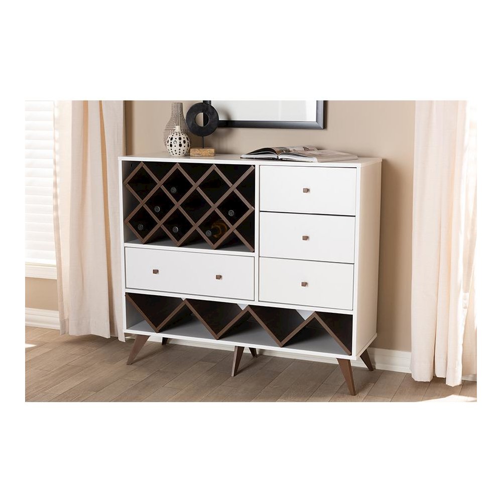 Savino Mid-Century Modern White and Walnut Finished Wood Wine Cabinet
