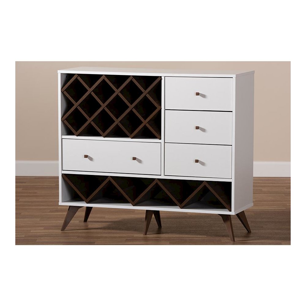 Savino Mid-Century Modern White and Walnut Finished Wood Wine Cabinet