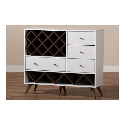 Savino Mid-Century Modern White and Walnut Finished Wood Wine Cabinet