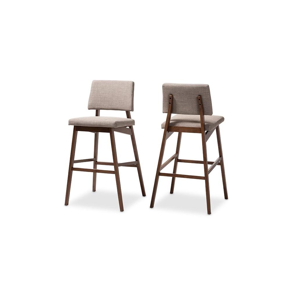 Light Gray Fabric Upholstered and Walnut-Finished Wood Bar Stool Set of 2