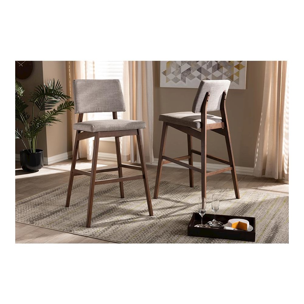 Light Gray Fabric Upholstered and Walnut-Finished Wood Bar Stool Set of 2