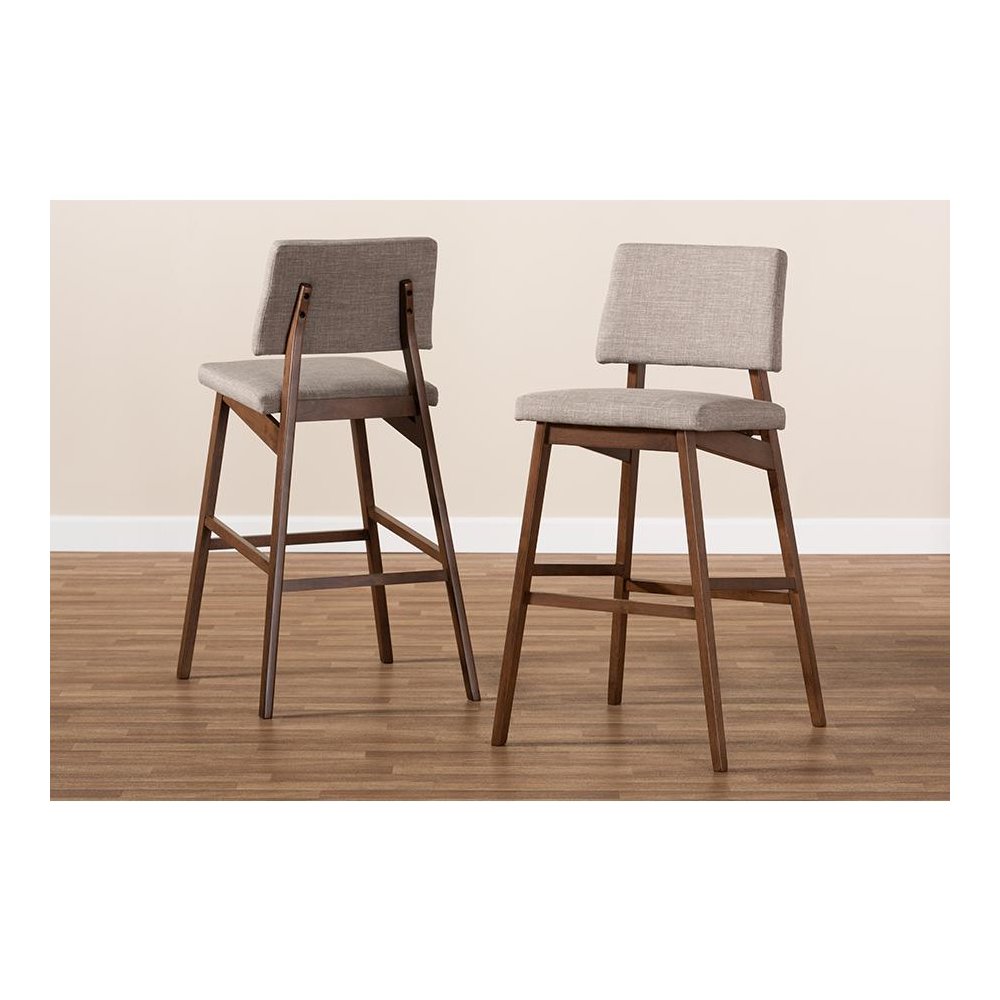 Light Gray Fabric Upholstered and Walnut-Finished Wood Bar Stool Set of 2