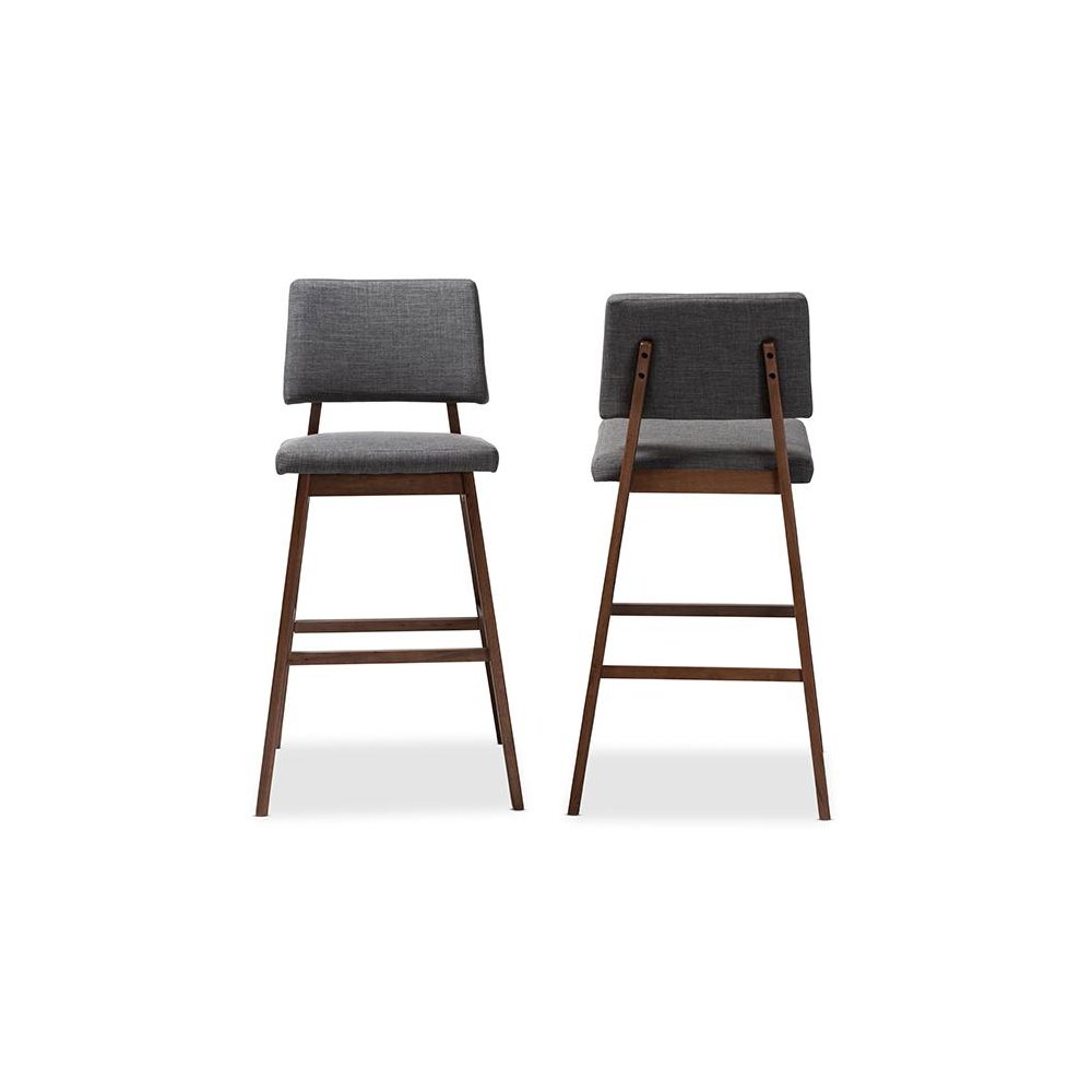 Dark Gray Fabric Upholstered and Walnut-Finished Wood Bar Stool Set of 2
