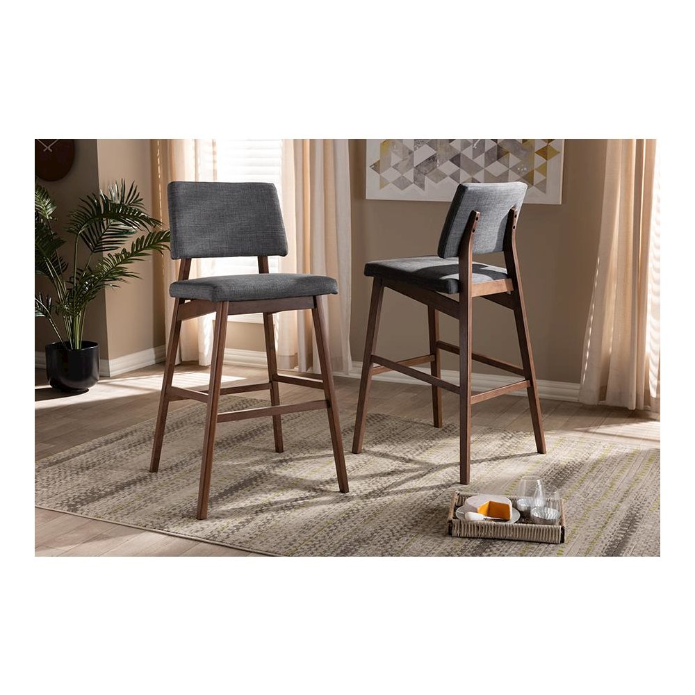 Dark Gray Fabric Upholstered and Walnut-Finished Wood Bar Stool Set of 2