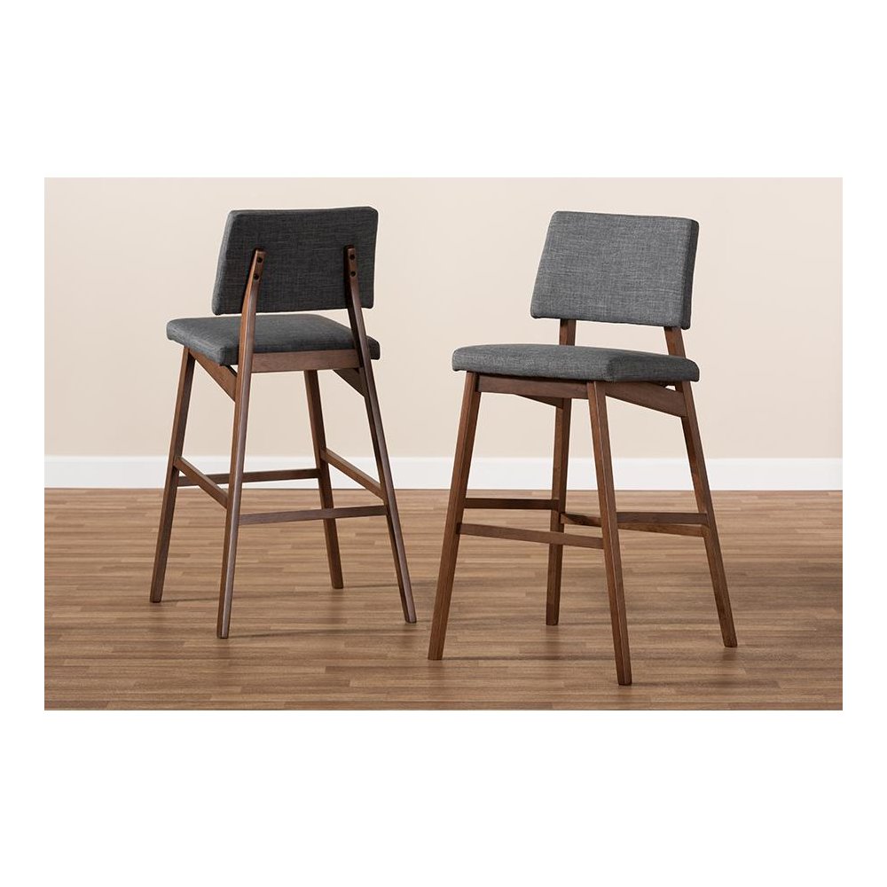 Dark Gray Fabric Upholstered and Walnut-Finished Wood Bar Stool Set of 2