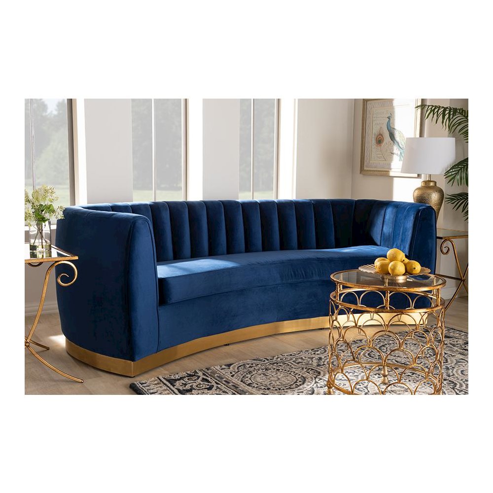 Milena Glam Royal Blue Velvet Fabric Upholstered Gold-Finished Sofa