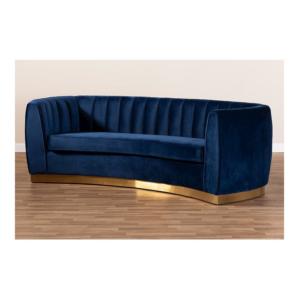 Milena Glam Royal Blue Velvet Fabric Upholstered Gold-Finished Sofa