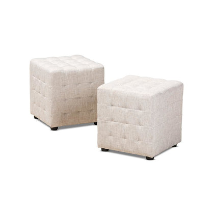 Beige Fabric Upholstered Tufted Cube Ottoman Set of 2