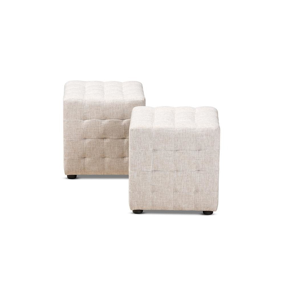 Beige Fabric Upholstered Tufted Cube Ottoman Set of 2