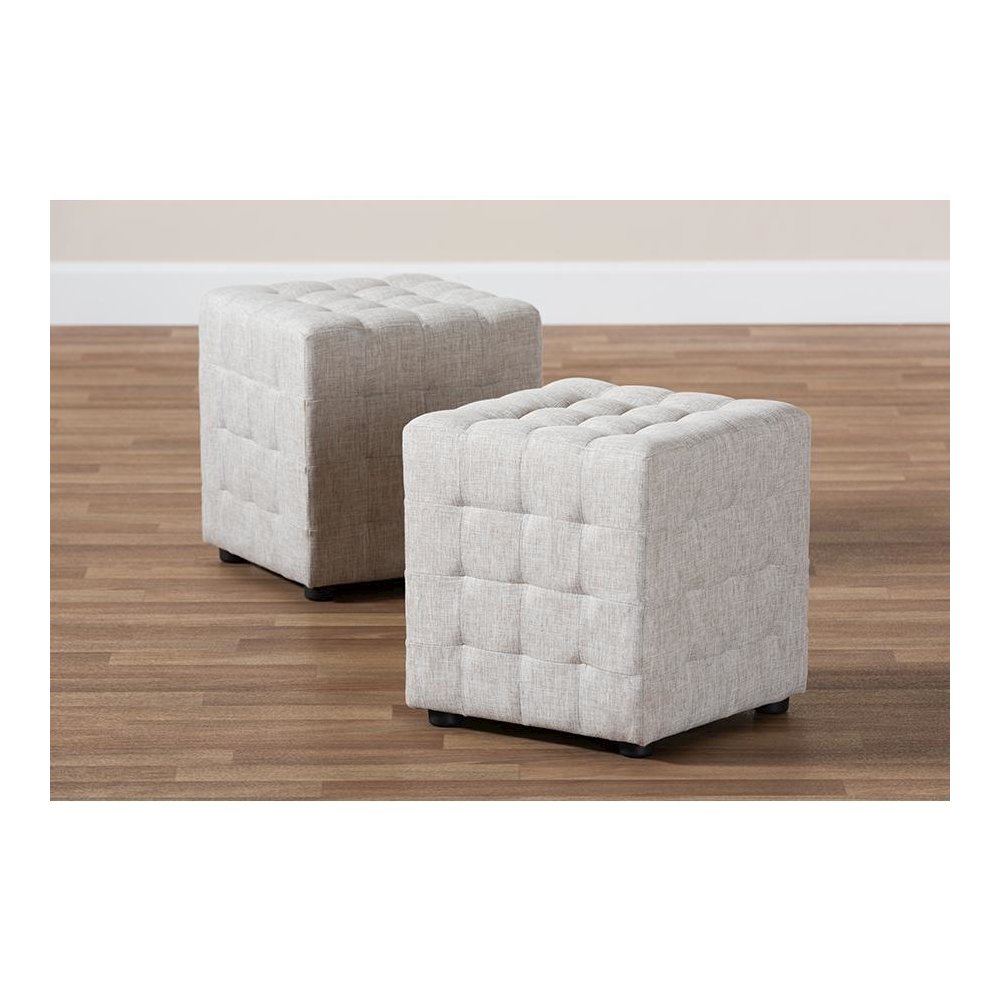 Beige Fabric Upholstered Tufted Cube Ottoman Set of 2