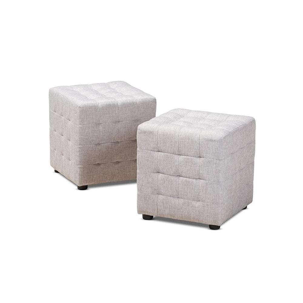 Greyish Beige Fabric Upholstered Tufted Cube Ottoman Set of 2