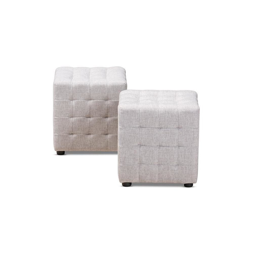 Greyish Beige Fabric Upholstered Tufted Cube Ottoman Set of 2