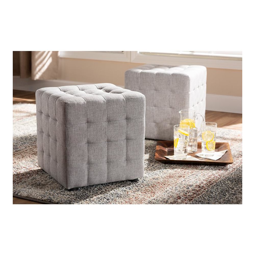 Greyish Beige Fabric Upholstered Tufted Cube Ottoman Set of 2