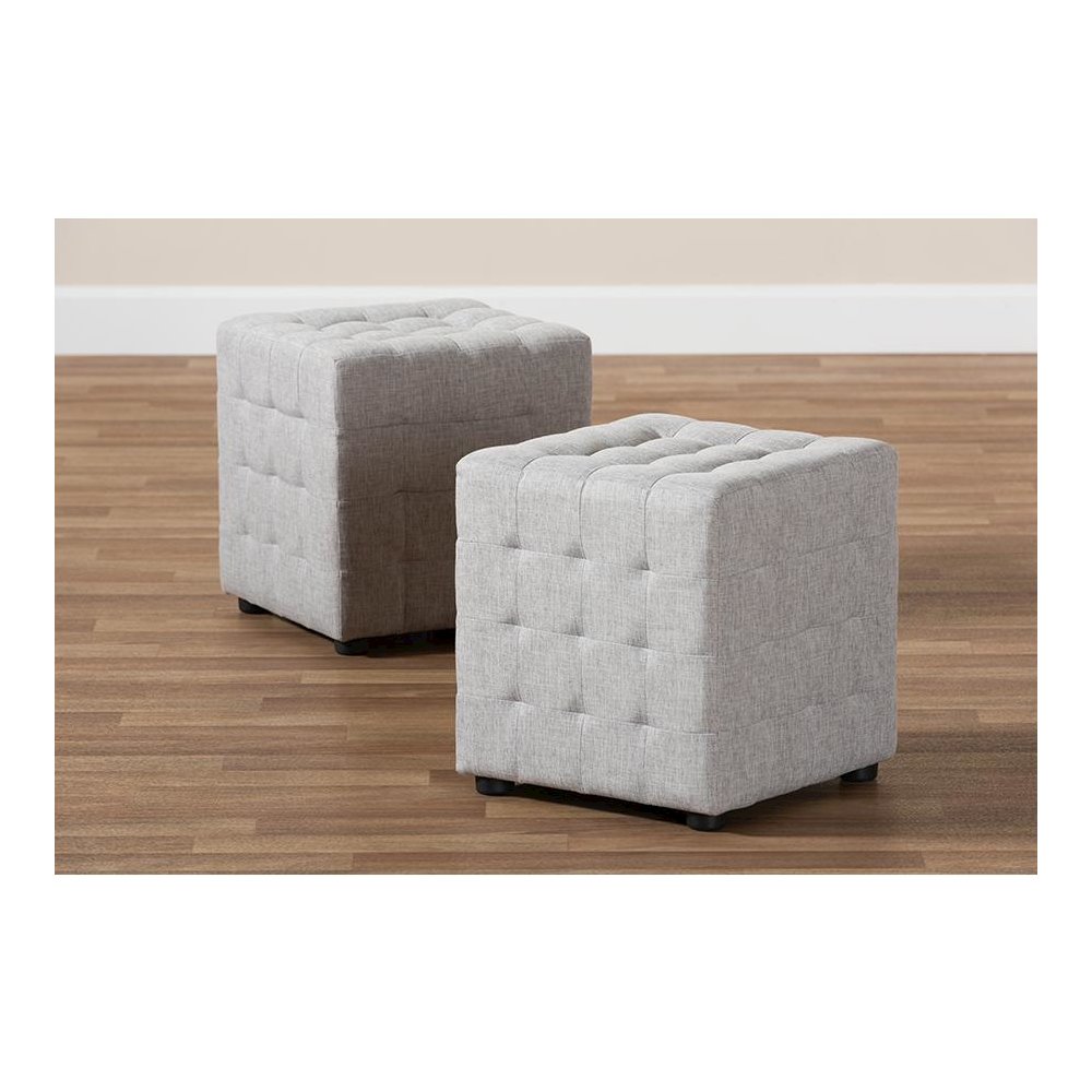 Greyish Beige Fabric Upholstered Tufted Cube Ottoman Set of 2